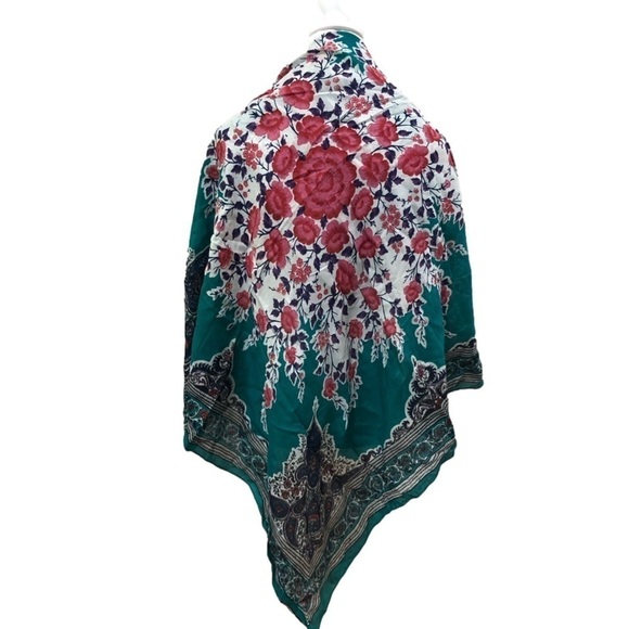 Accessories - WRAP/SCARF. Floral.  Green with pink flowers and jewel tone paisley edge   OS